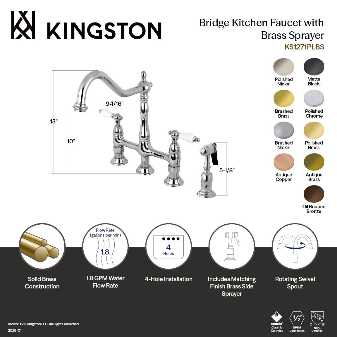 Heritage Bridge Kitchen Faucet with Brass Side Sprayer in Polished Chrome