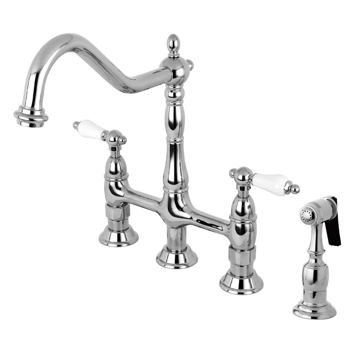 Heritage Bridge Kitchen Faucet with Brass Side Sprayer in Polished Chrome