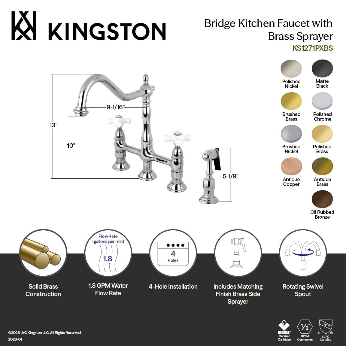 Heritage Bridge Kitchen Faucet with Brass Side Sprayer in Polished Chrome