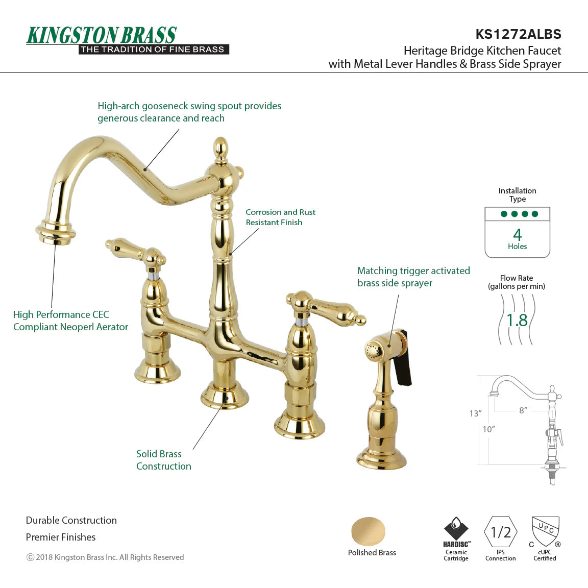 Polished brass bridge kitchen faucet with brass side sprayer, shown with diagram