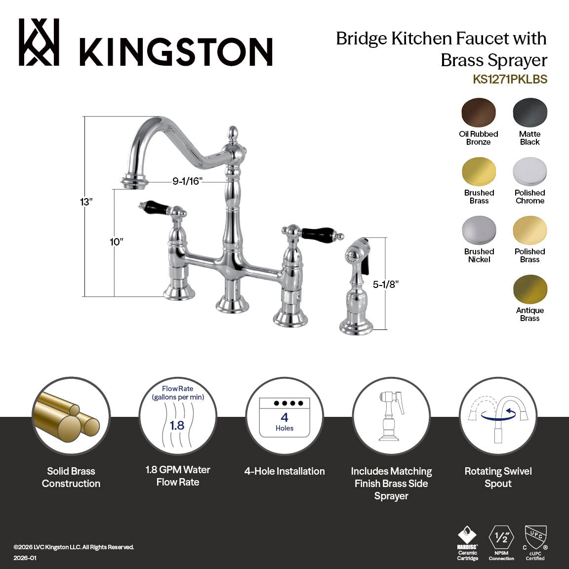 Duchess Bridge Kitchen Faucet with Brass Side Sprayer in Polished Brass