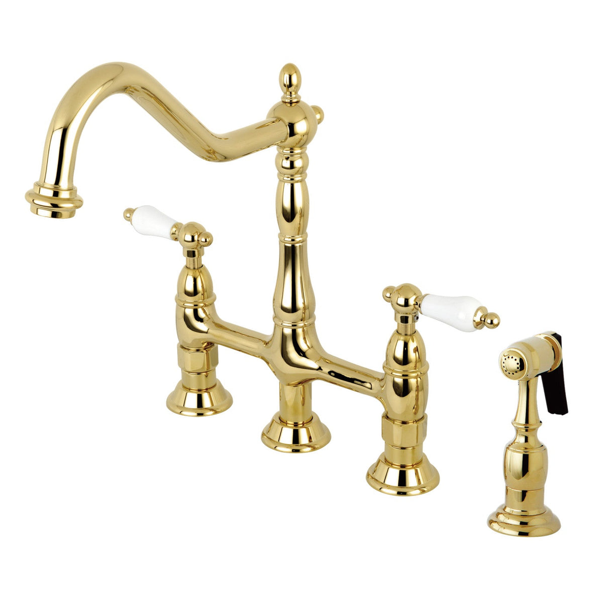 Heritage Bridge Kitchen Faucet with Brass Side Sprayer in Polished Brass