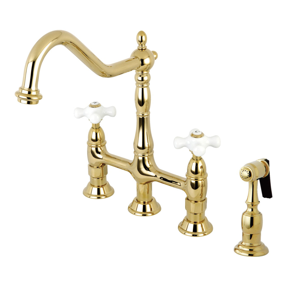 Heritage Bridge Kitchen Faucet with Brass Side Sprayer in Polished Brass