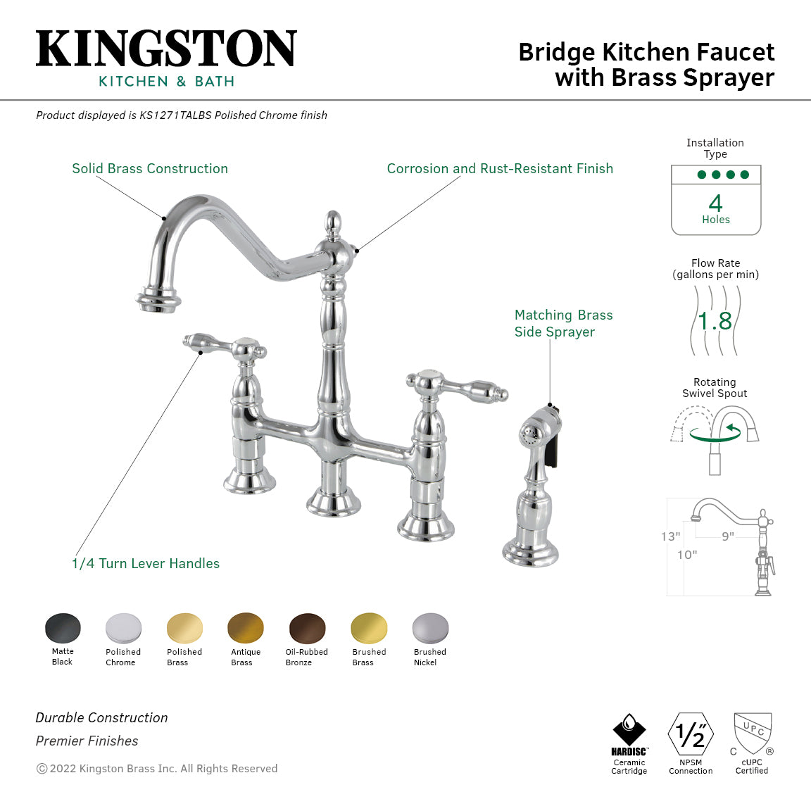 Tudor Bridge Kitchen Faucet with Brass Side Sprayer in Polished Brass