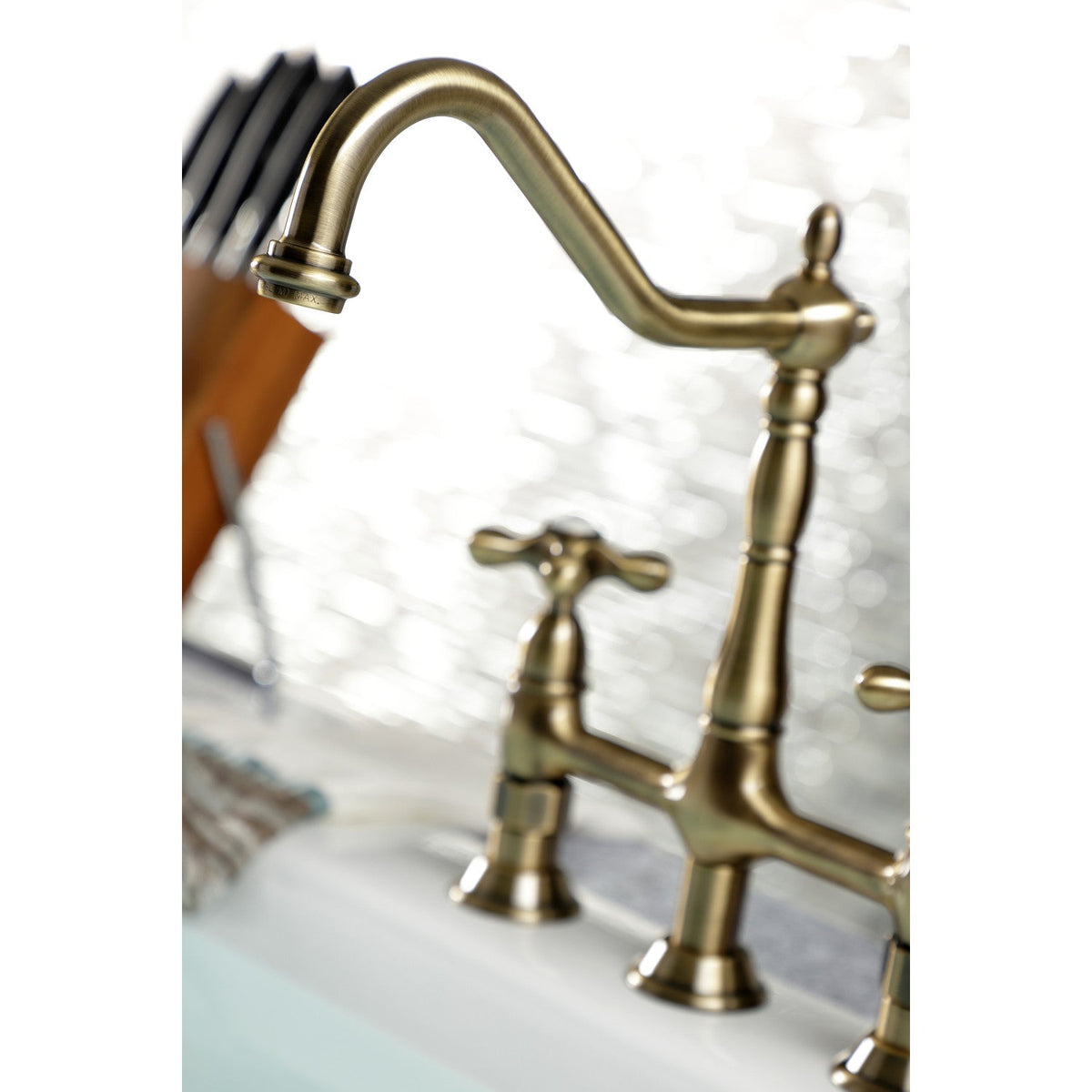 Heritage Bridge Kitchen Faucet with Brass Side Sprayer in Antique Brass
