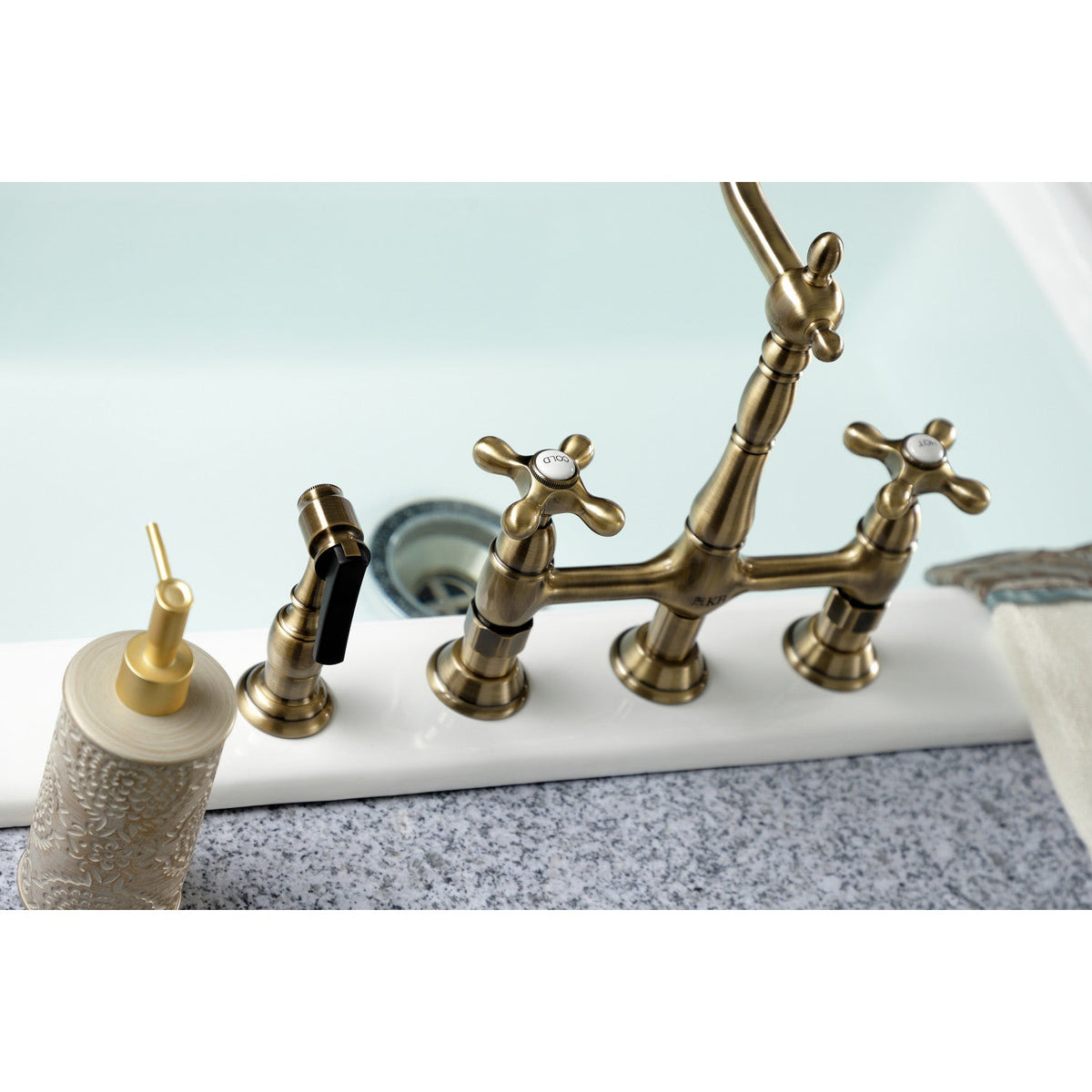 Heritage Bridge Kitchen Faucet with Brass Side Sprayer in Antique Brass