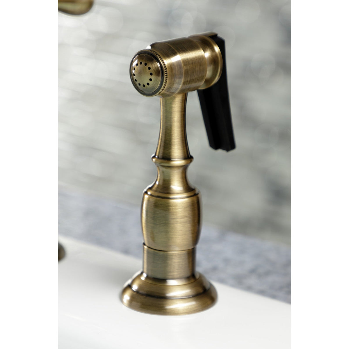 Heritage Bridge Kitchen Faucet with Brass Side Sprayer in Antique Brass