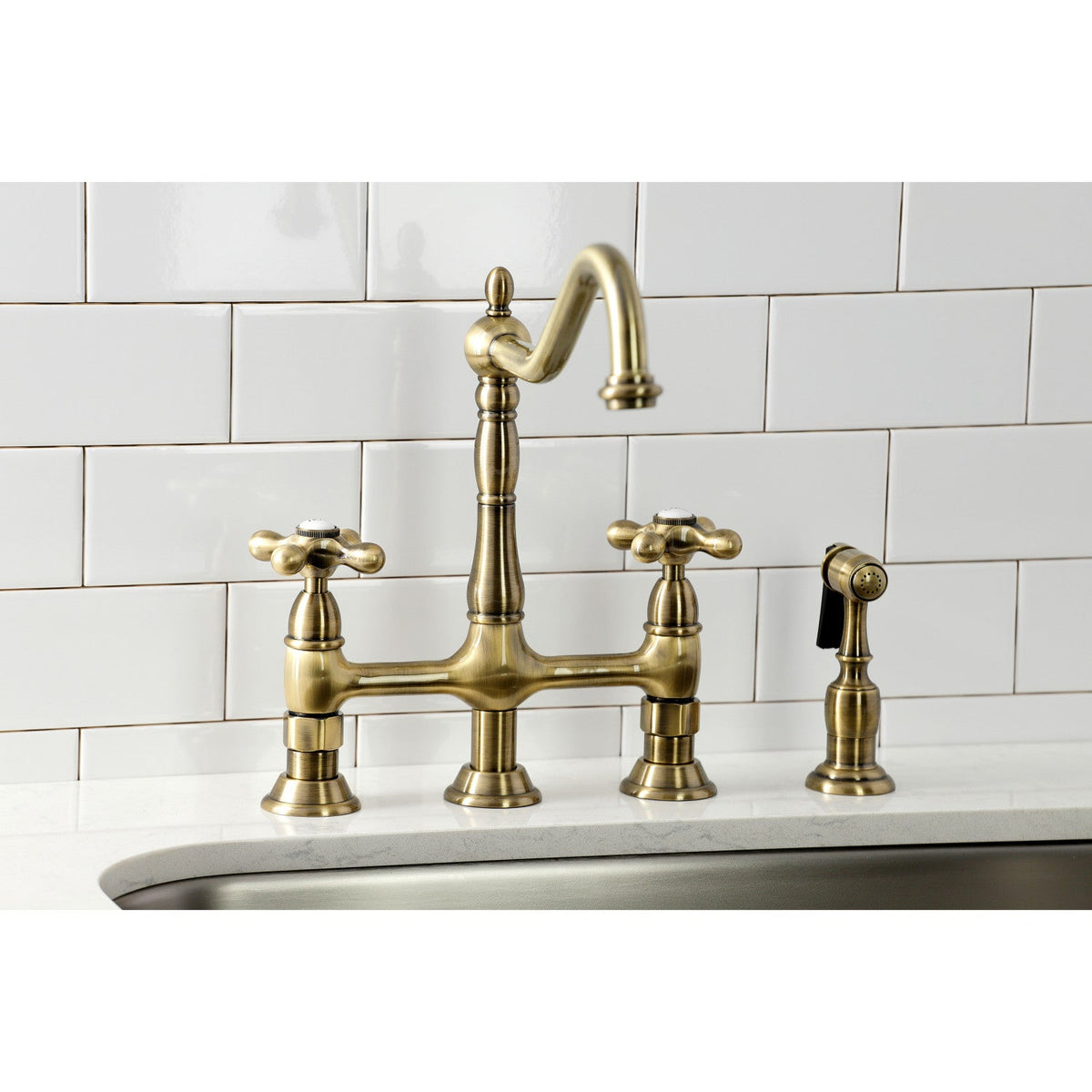 Heritage Bridge Kitchen Faucet with Brass Side Sprayer in Antique Brass
