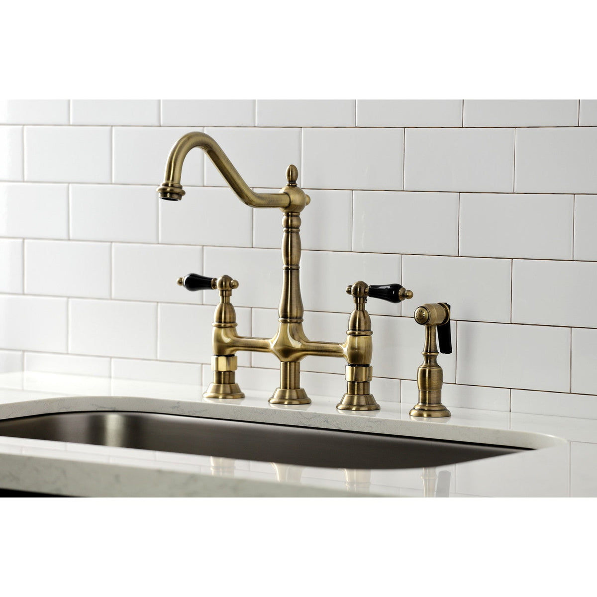 Duchess Bridge Kitchen Faucet with Brass Side Sprayer in Antique Brass