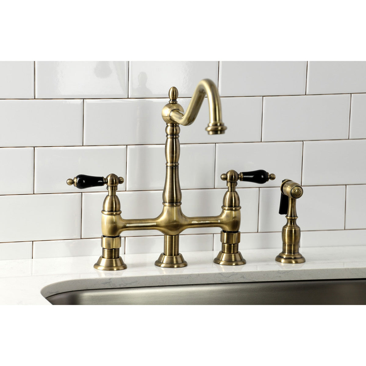 Duchess Bridge Kitchen Faucet with Brass Side Sprayer in Antique Brass