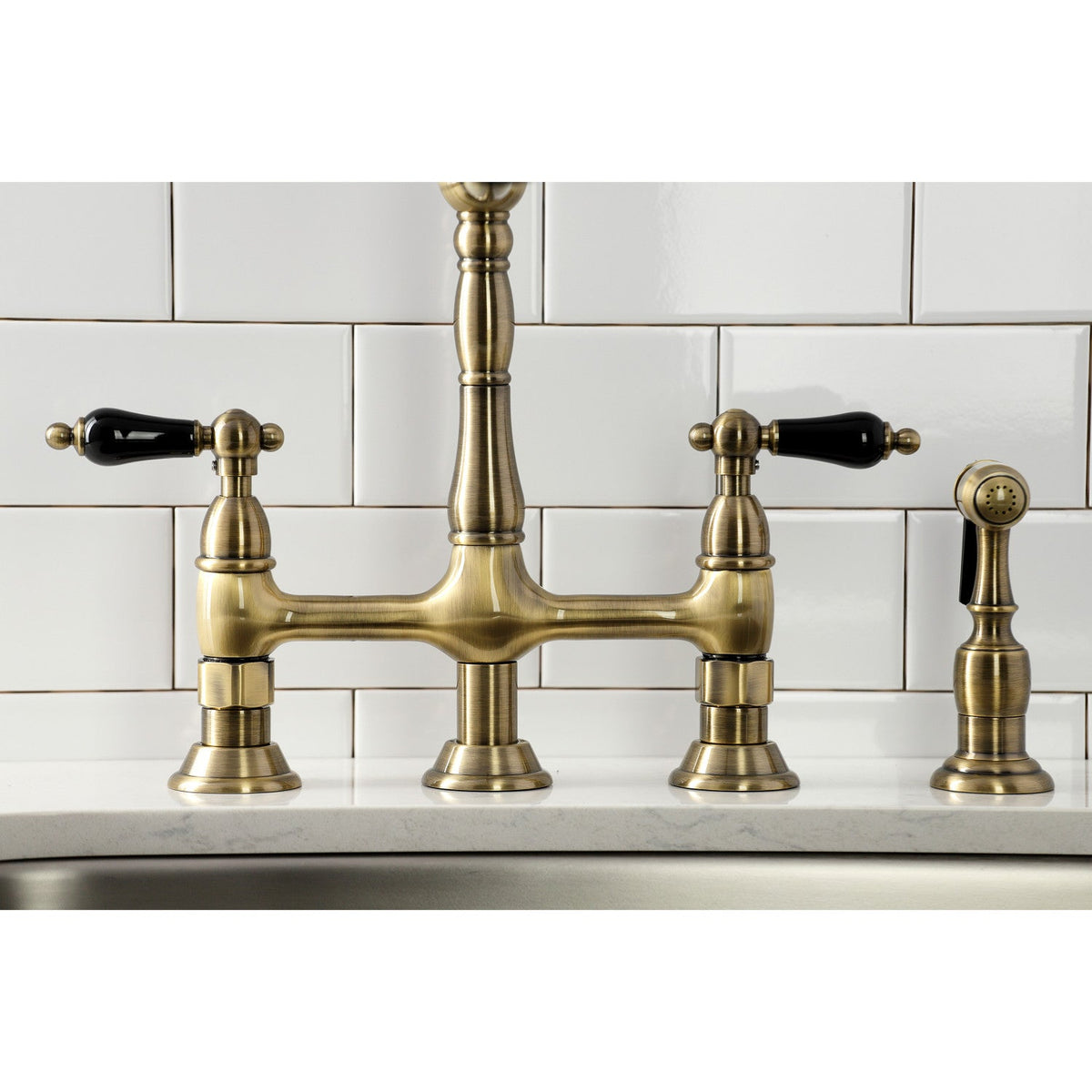 Duchess Bridge Kitchen Faucet with Brass Side Sprayer in Antique Brass
