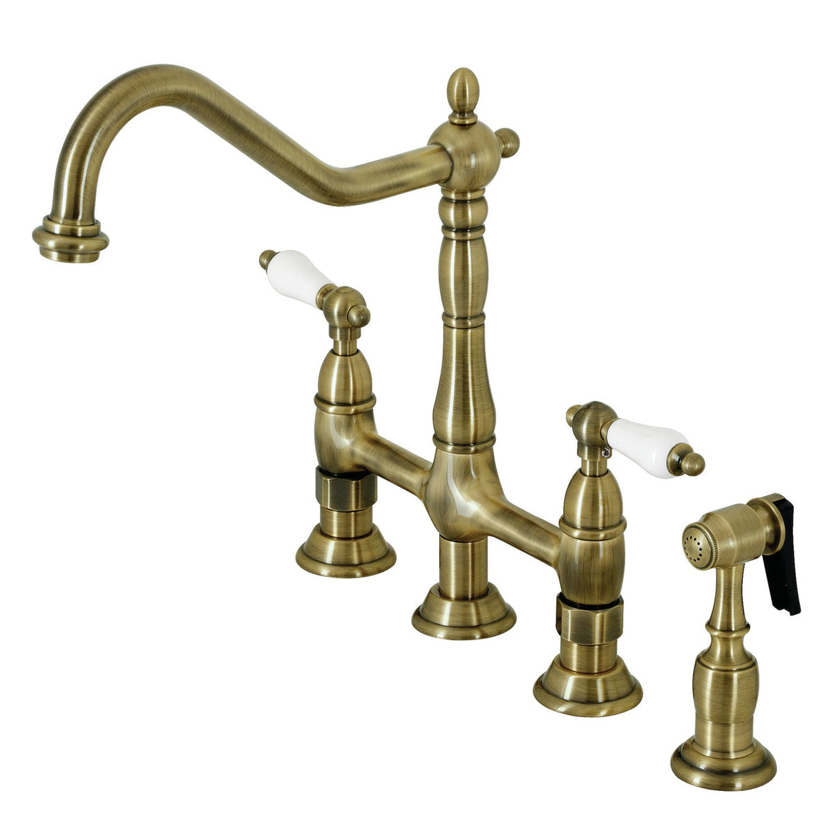 Heritage Bridge Kitchen Faucet with Brass Side Sprayer in Antique Brass