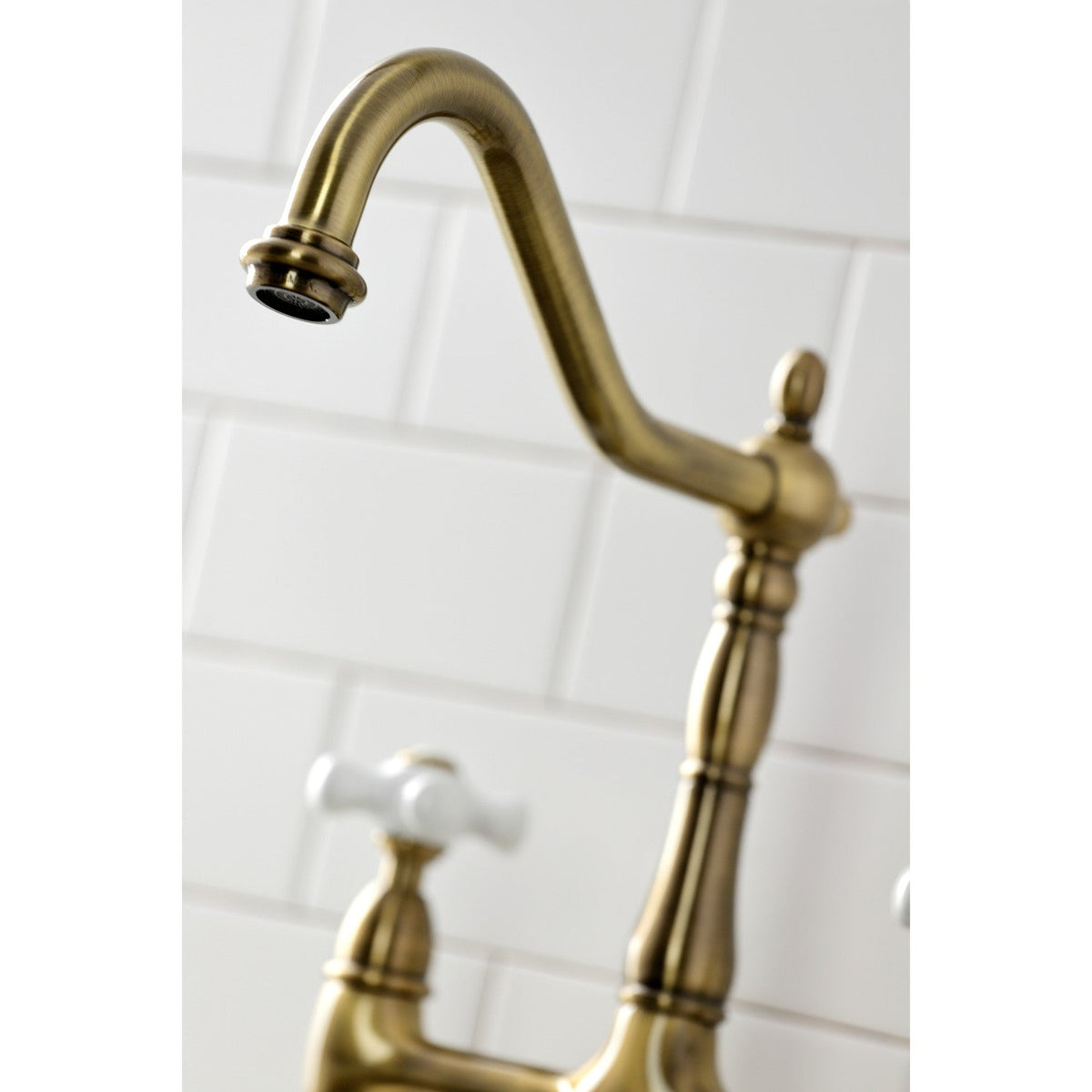 Heritage Bridge Kitchen Faucet with Brass Side Sprayer in Antique Brass