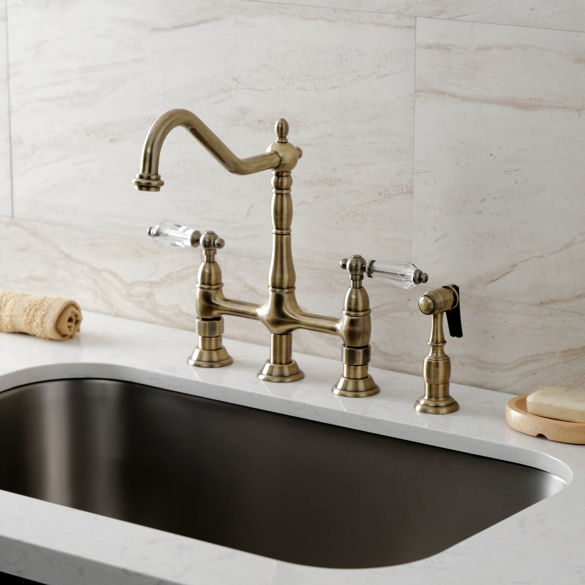 Wilshire Bridge Kitchen Faucet with Brass Side Sprayer in Antique Brass