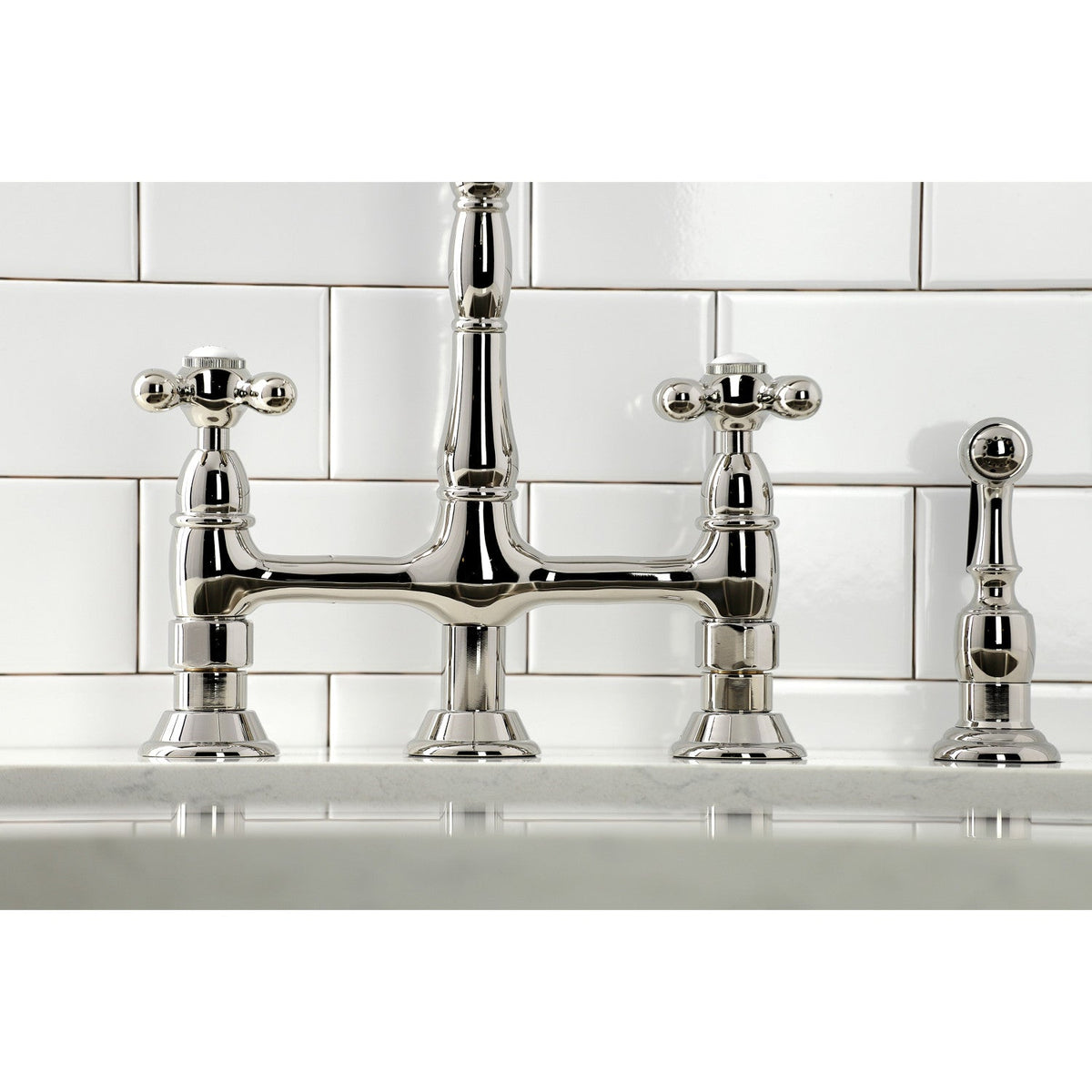 Heritage Bridge Kitchen Faucet with Brass Side Sprayer in Polished Nickel