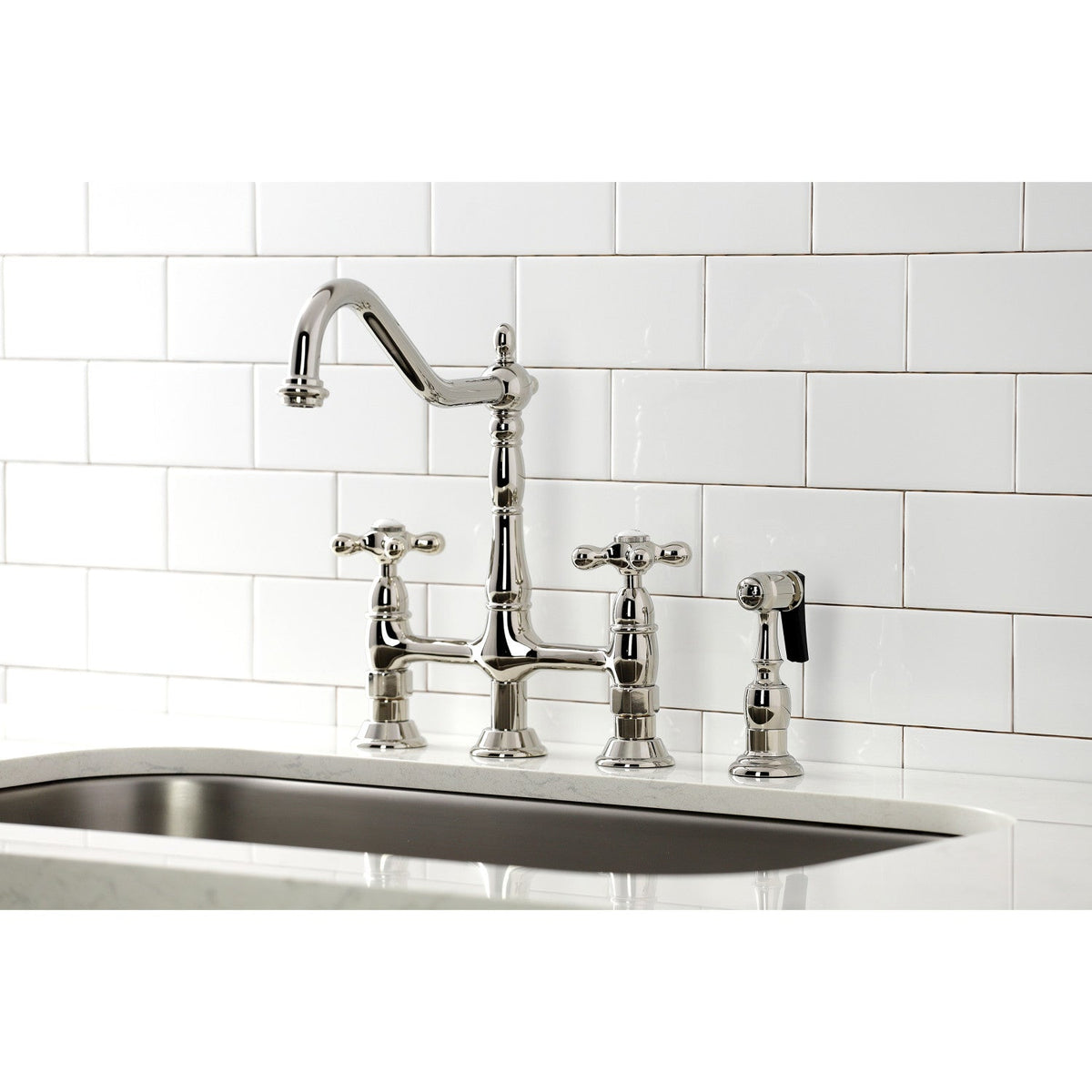 Heritage Bridge Kitchen Faucet with Brass Side Sprayer in Polished Nickel
