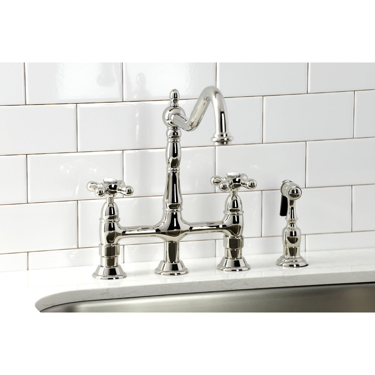Heritage Bridge Kitchen Faucet with Brass Side Sprayer in Polished Nickel