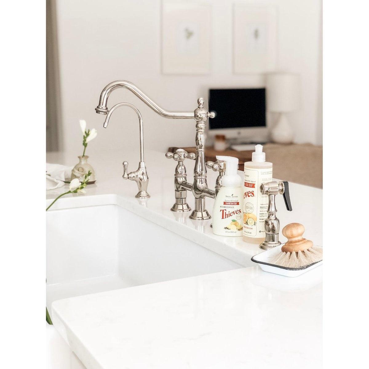 Heritage Bridge Kitchen Faucet with Brass Side Sprayer in Polished Nickel