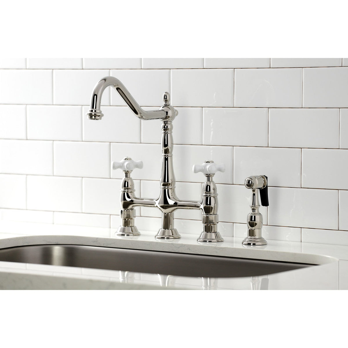 Heritage Bridge Kitchen Faucet with Brass Side Sprayer in Polished Nickel
