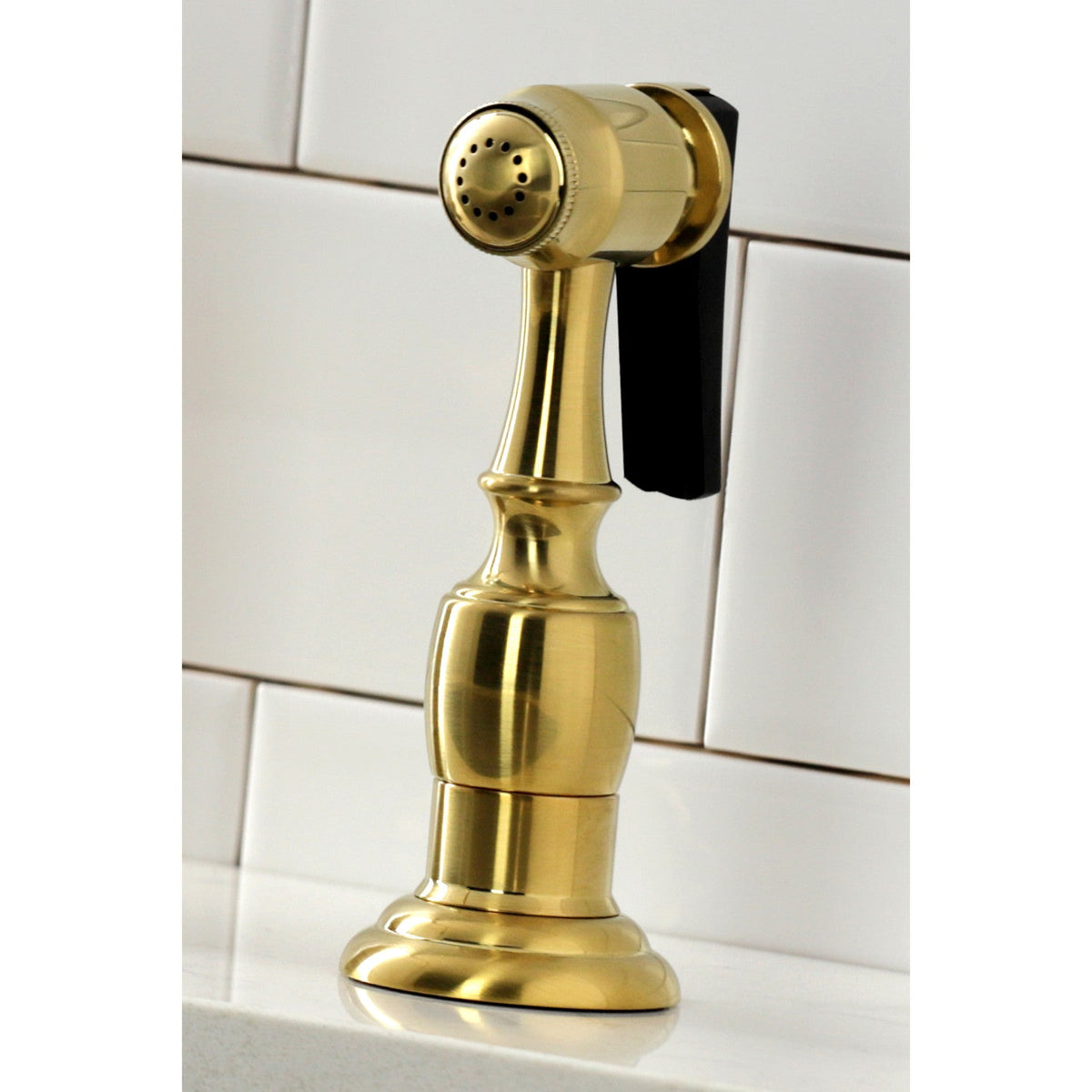 Heritage Bridge Kitchen Faucet with Brass Side Sprayer in Brushed Brass