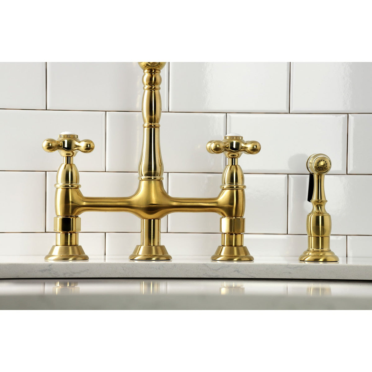 Heritage Bridge Kitchen Faucet with Brass Side Sprayer in Brushed Brass