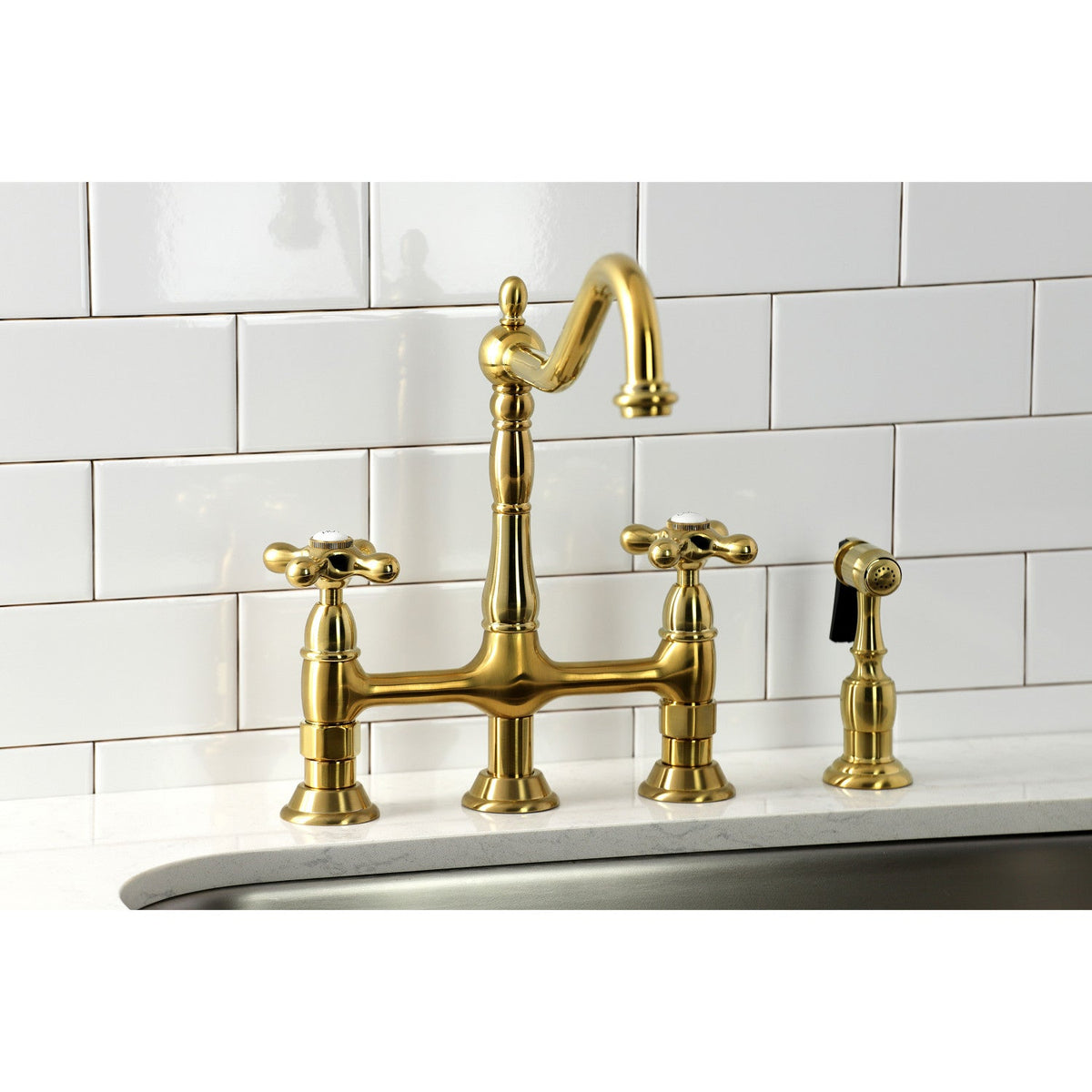 Heritage Bridge Kitchen Faucet with Brass Side Sprayer in Brushed Brass