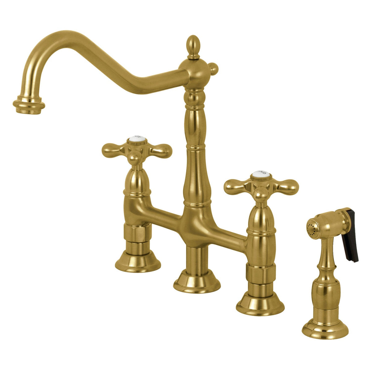 Heritage Bridge Kitchen Faucet with Brass Side Sprayer in Brushed Brass