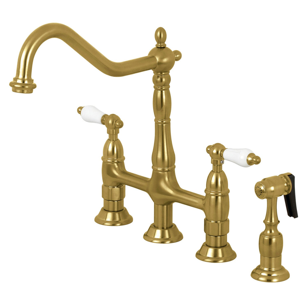 Heritage Bridge Kitchen Faucet with Brass Side Sprayer in Brushed Brass