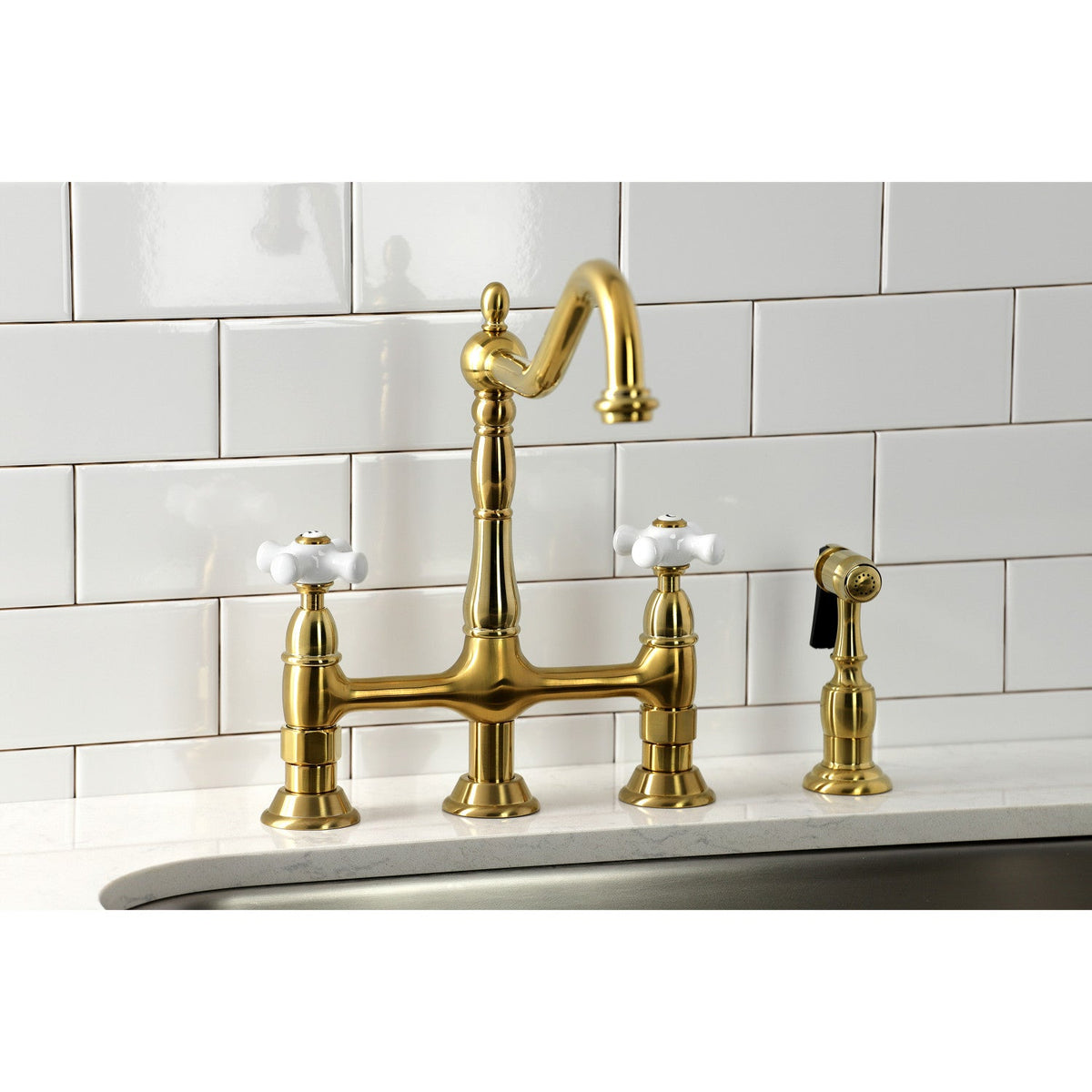 Heritage Bridge Kitchen Faucet with Brass Side Sprayer in Brushed Brass