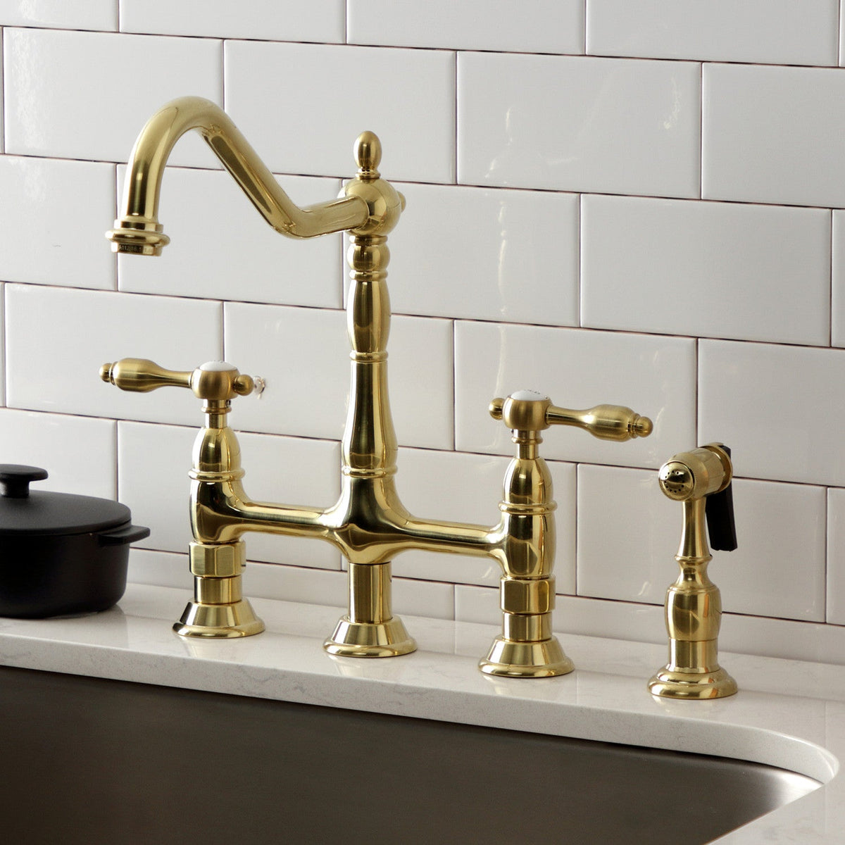 Tudor Bridge Kitchen Faucet with Brass Side Sprayer in Brushed Brass