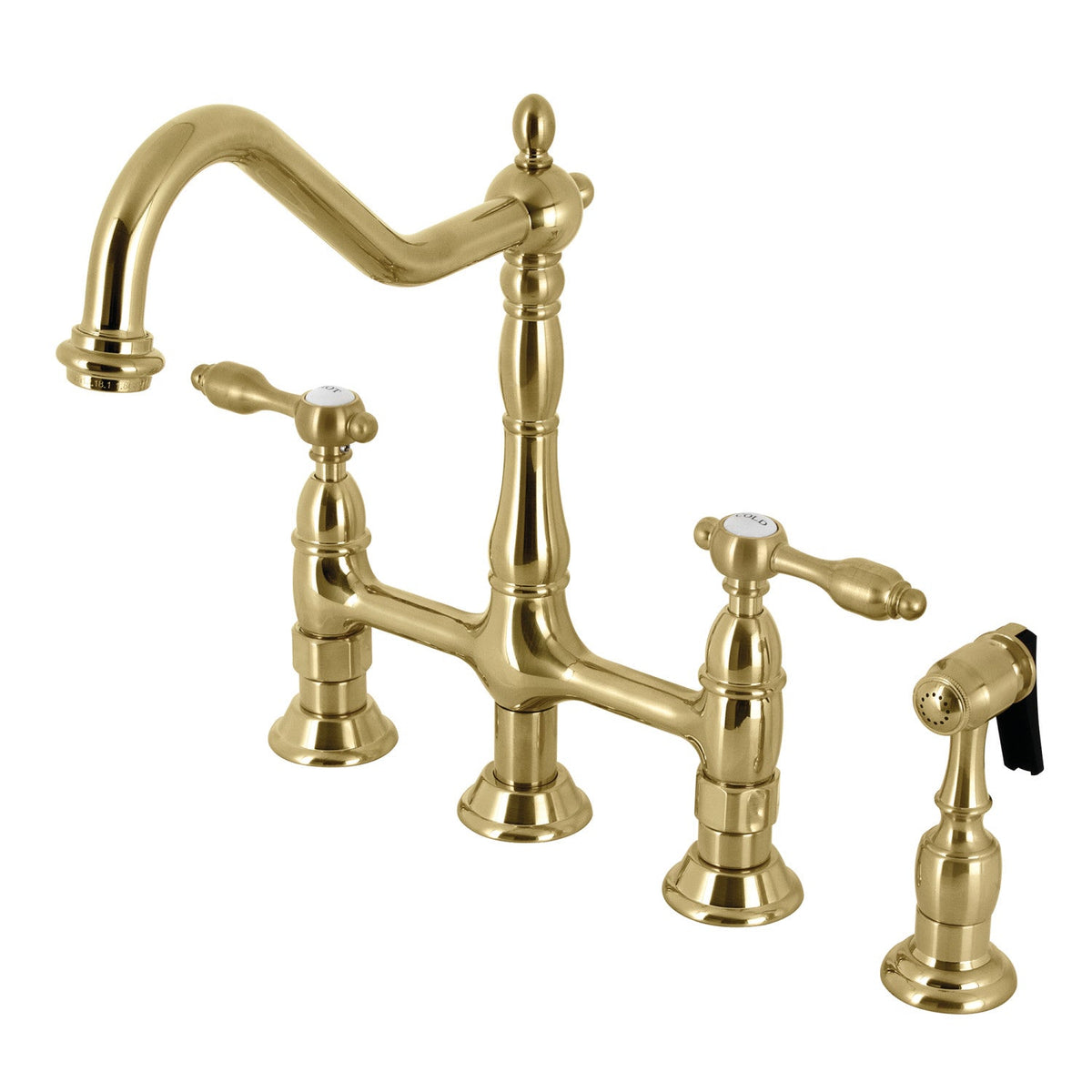 Tudor Bridge Kitchen Faucet with Brass Side Sprayer in Brushed Brass