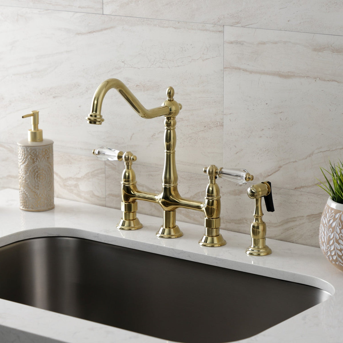 Wilshire Bridge Kitchen Faucet with Brass Side Sprayer in Brushed Brass