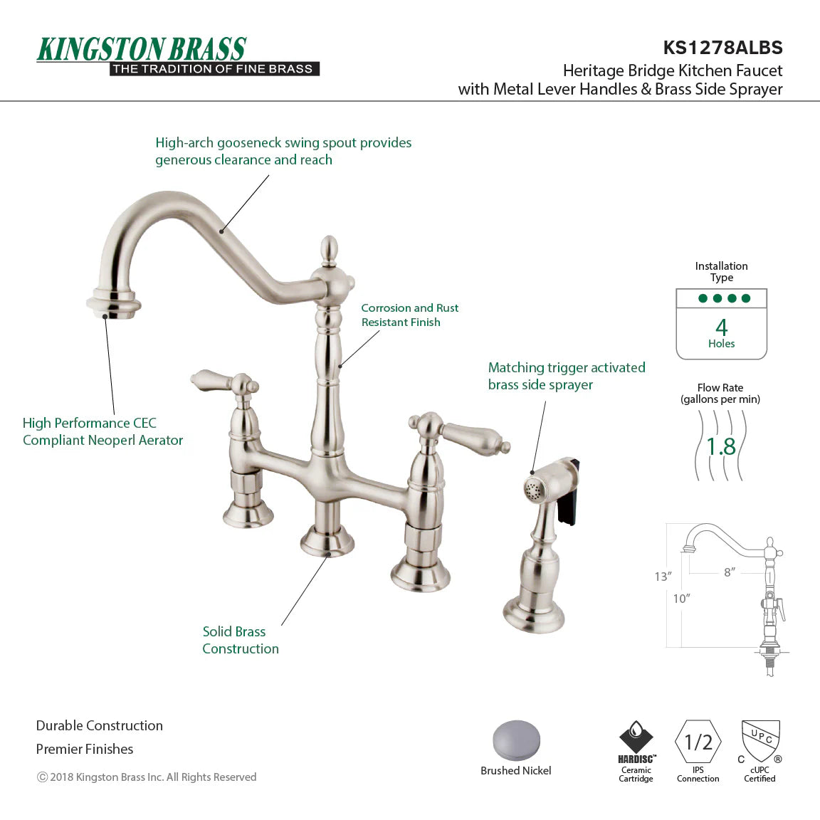 Bridge kitchen faucet diagram with side sprayer, two handles, brushed nickel finish