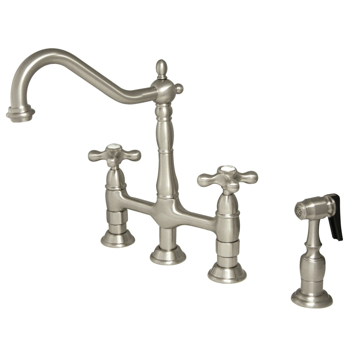 Heritage Bridge Kitchen Faucet with Brass Side Sprayer in Brushed Nickel