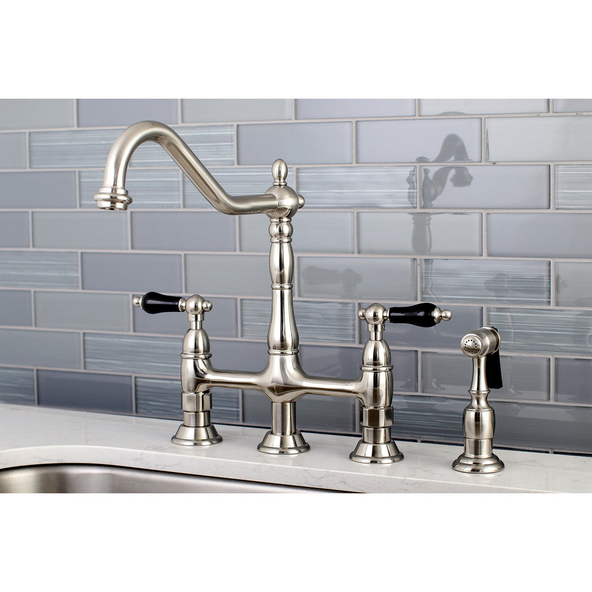 Duchess Bridge Kitchen Faucet with Brass Side Sprayer in Brushed Nickel