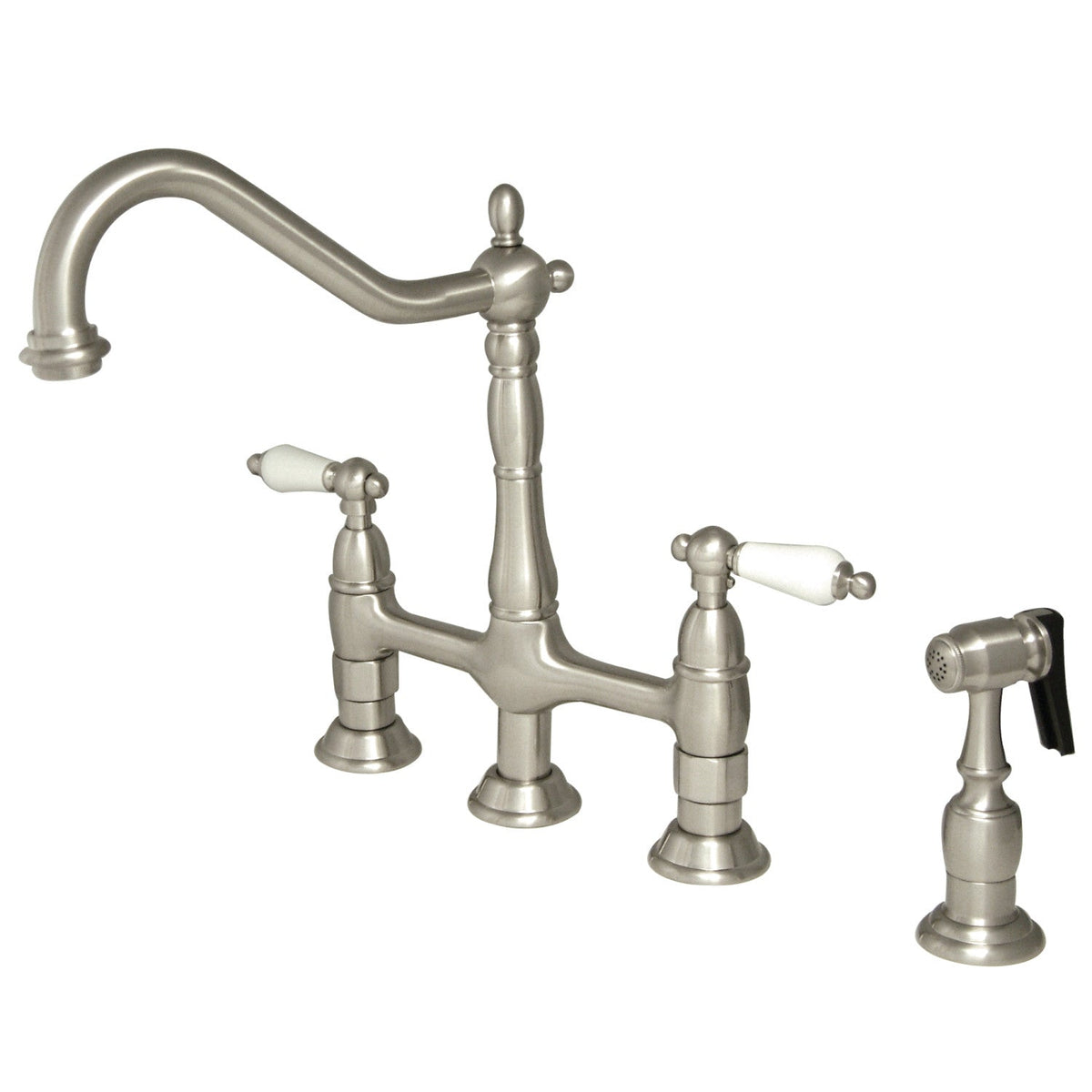 Heritage Bridge Kitchen Faucet with Brass Side Sprayer in Brushed Nickel