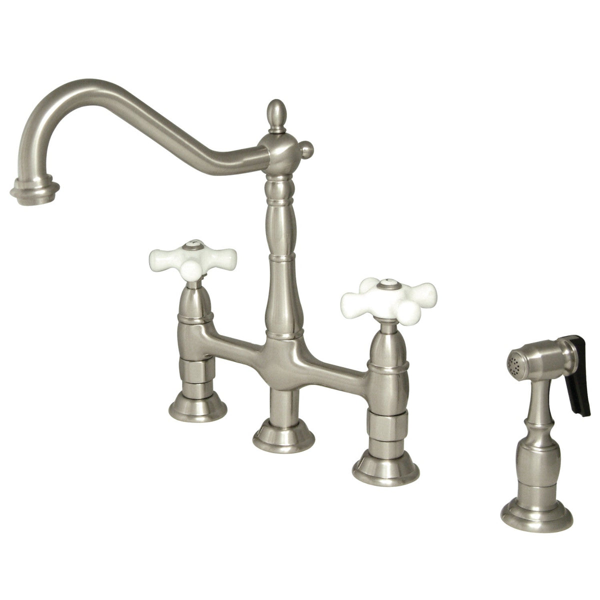 Heritage Bridge Kitchen Faucet with Brass Side Sprayer in Brushed Nickel