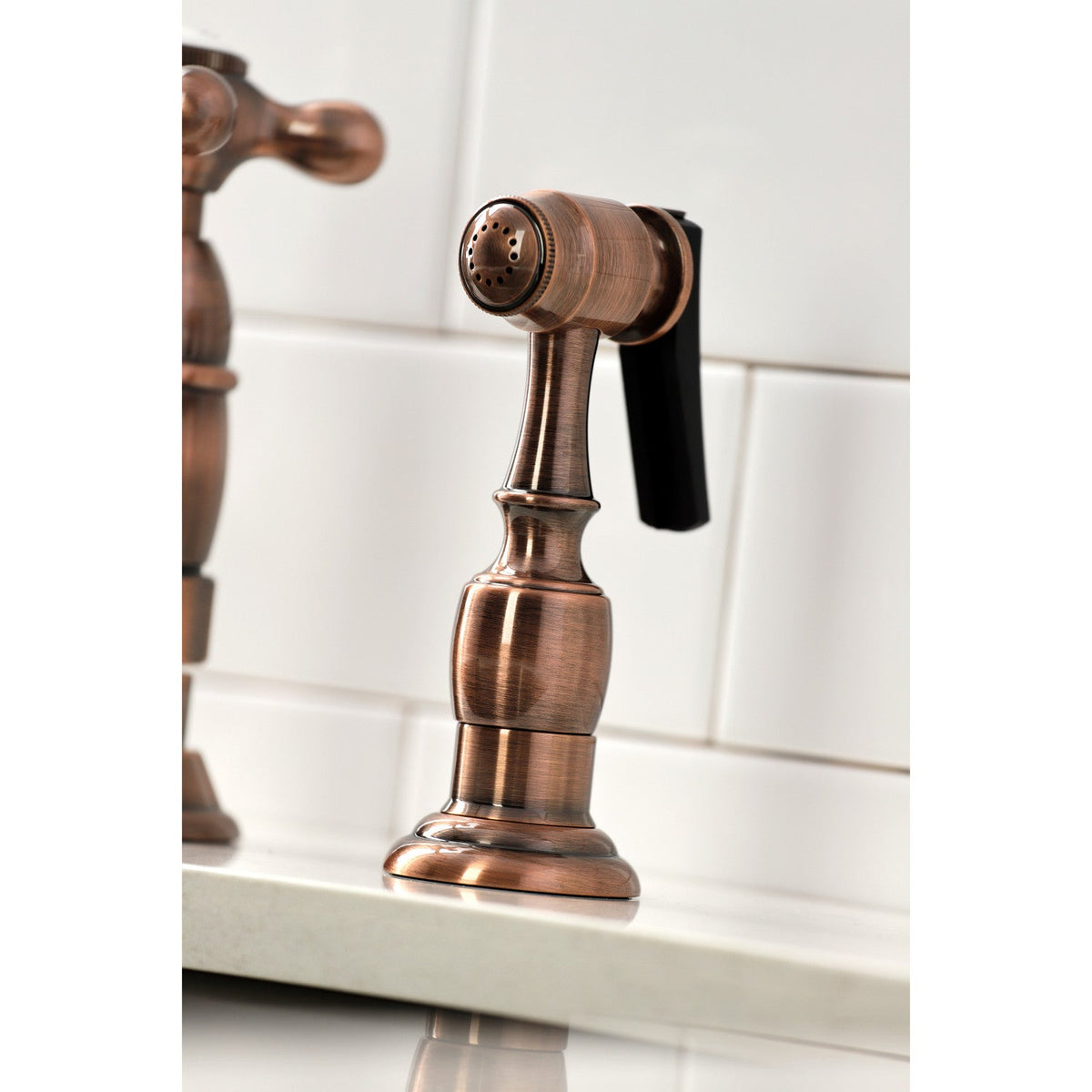 Heritage Bridge Kitchen Faucet with Brass Side Sprayer in Antique Copper
