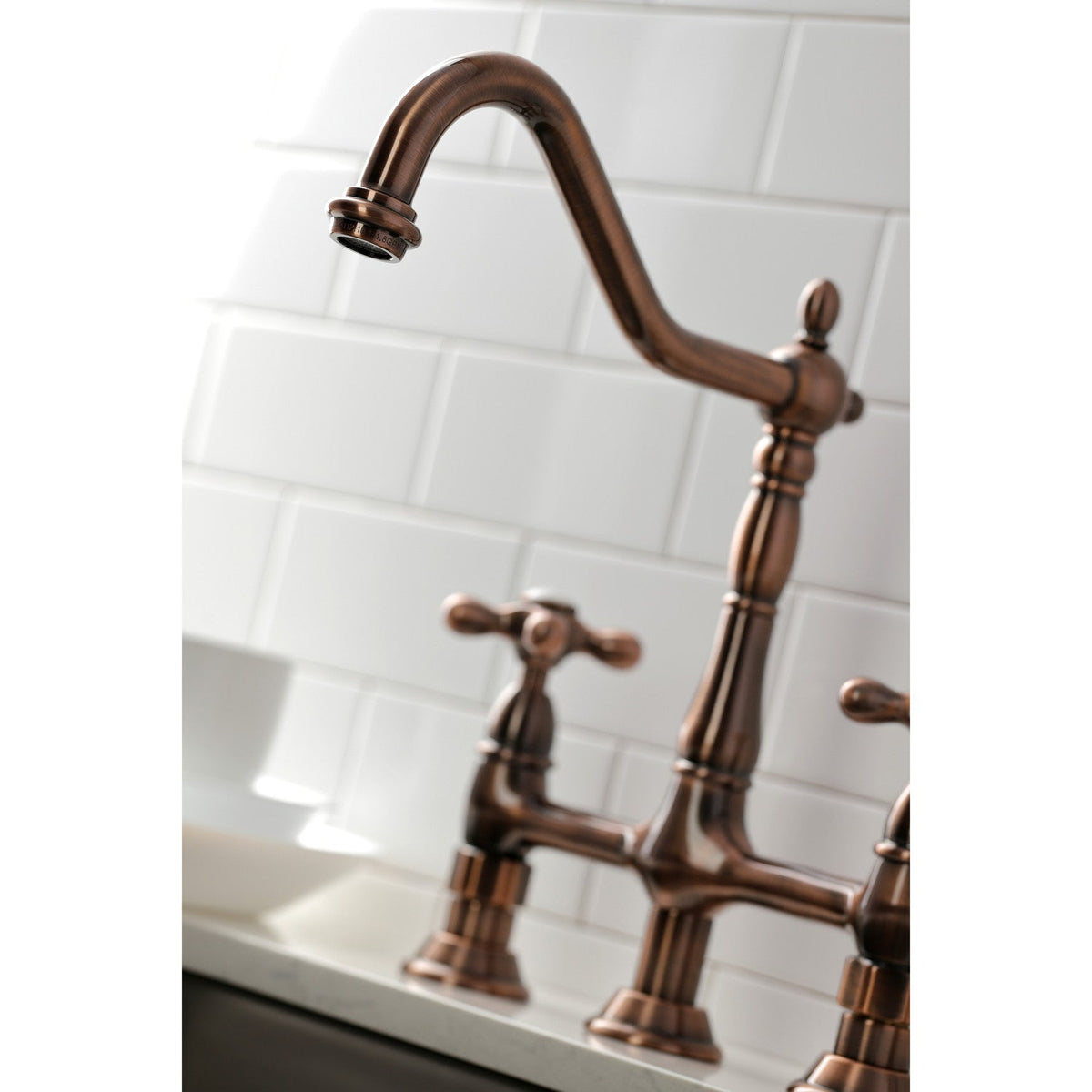 Heritage Bridge Kitchen Faucet with Brass Side Sprayer in Antique Copper