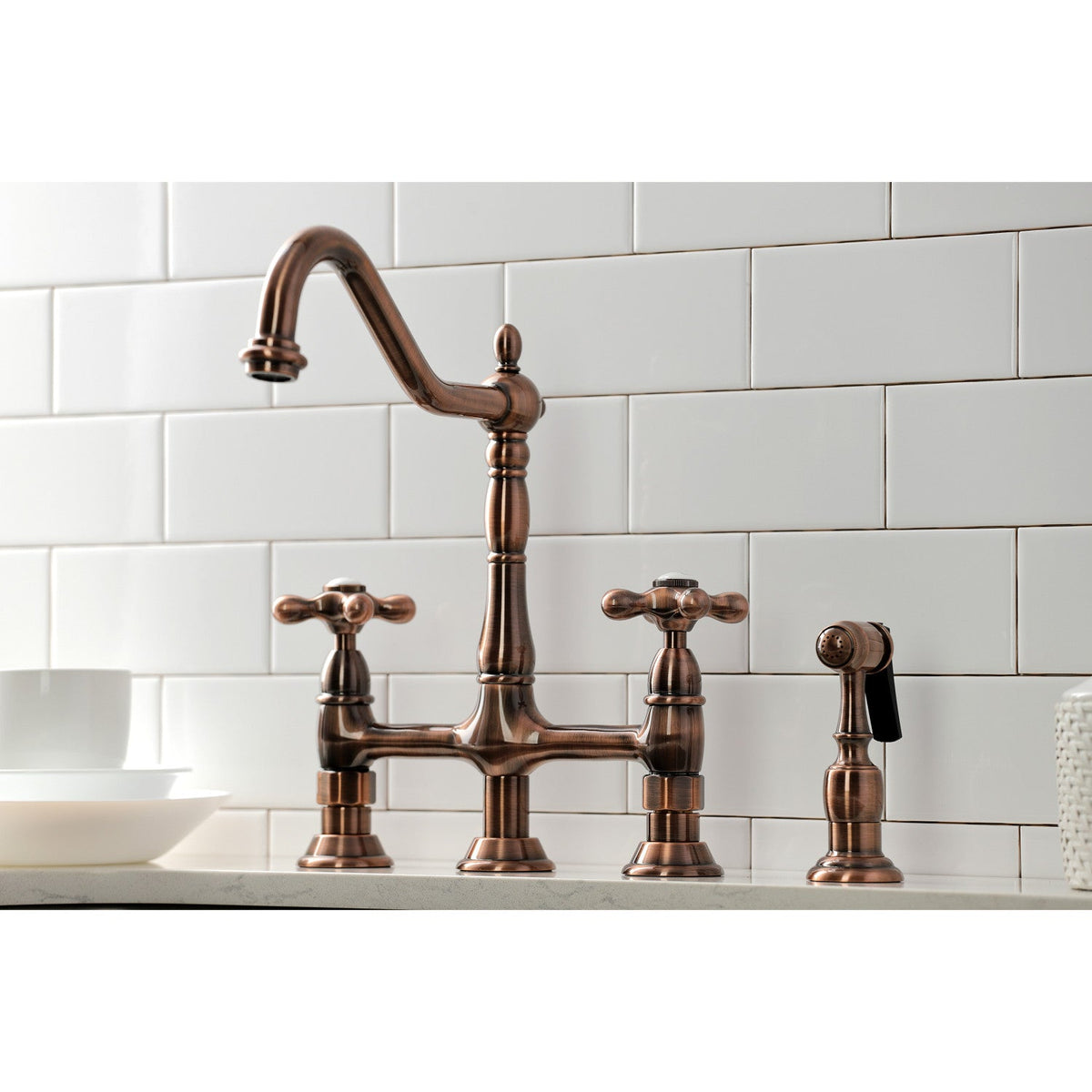Heritage Bridge Kitchen Faucet with Brass Side Sprayer in Antique Copper