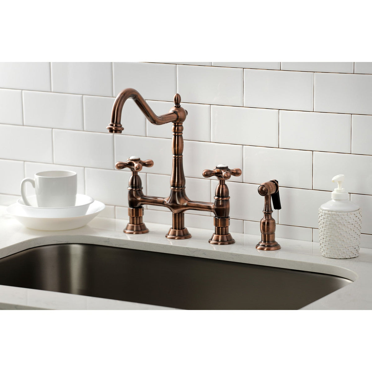 Heritage Bridge Kitchen Faucet with Brass Side Sprayer in Antique Copper