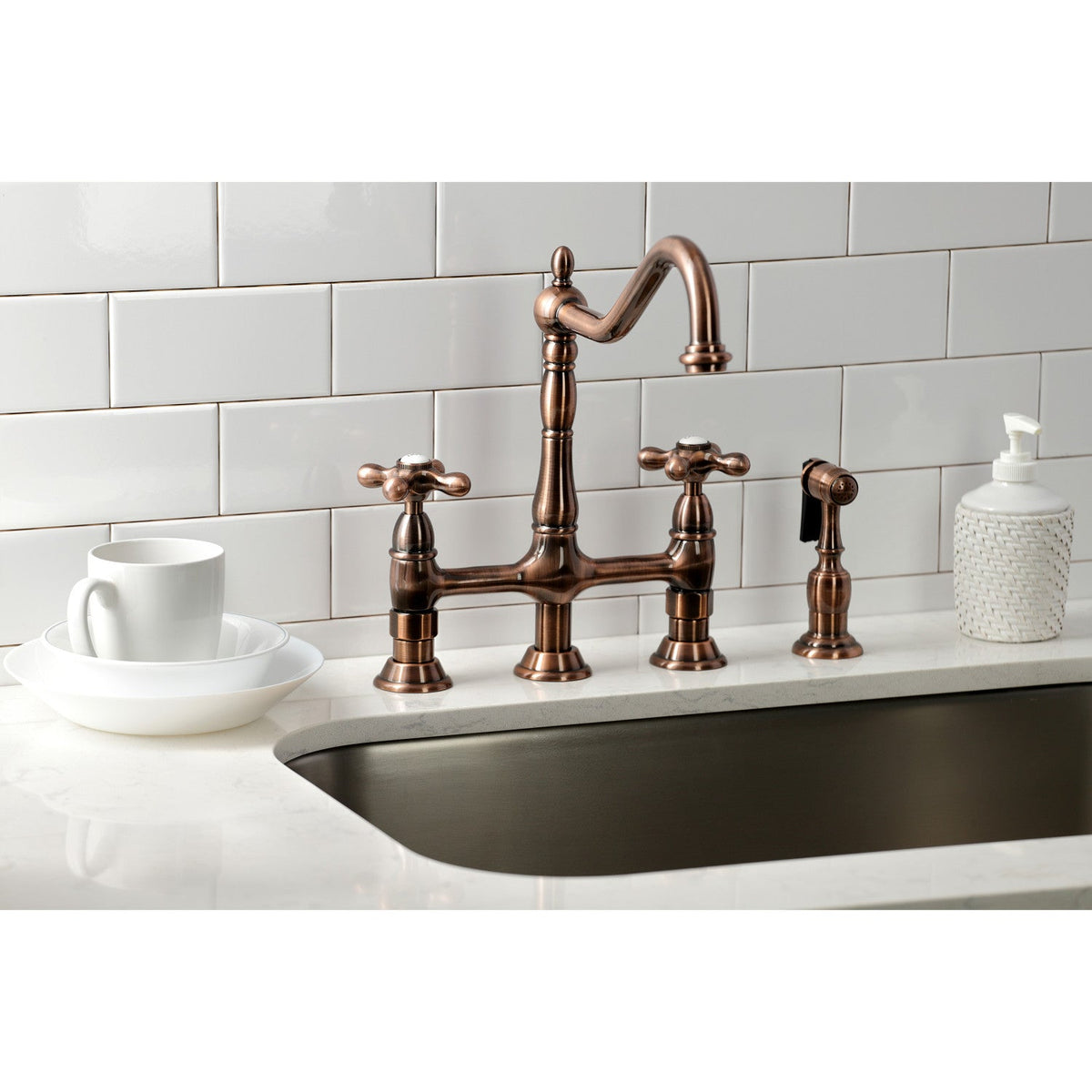 Heritage Bridge Kitchen Faucet with Brass Side Sprayer in Antique Copper