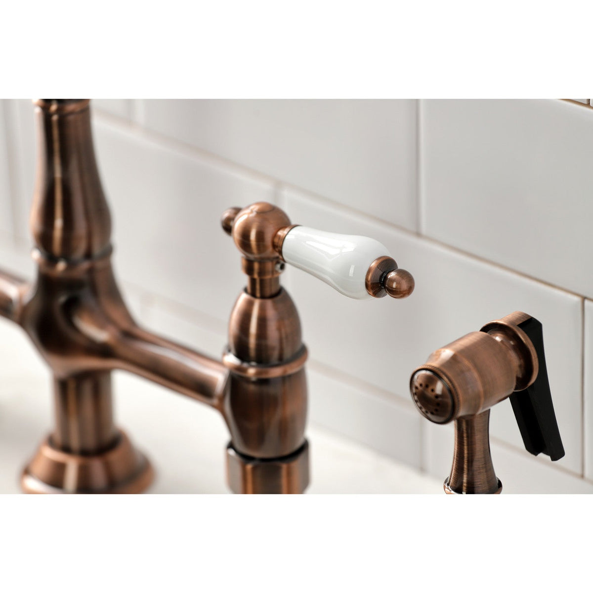 Heritage Bridge Kitchen Faucet with Brass Side Sprayer in Antique Copper