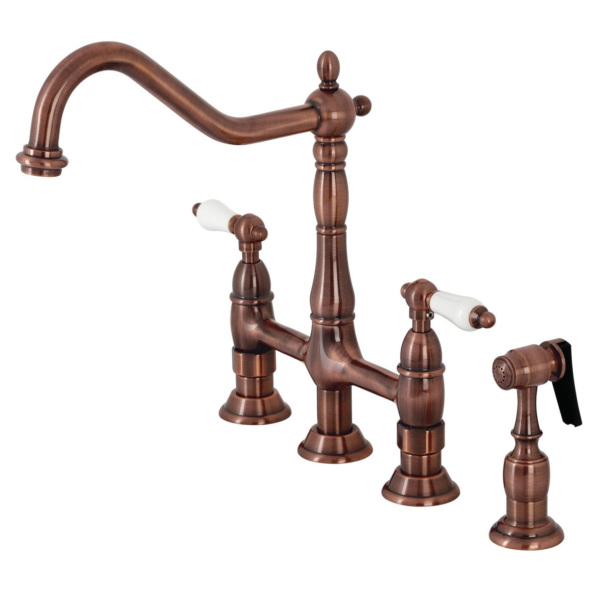 Heritage Bridge Kitchen Faucet with Brass Side Sprayer in Antique Copper