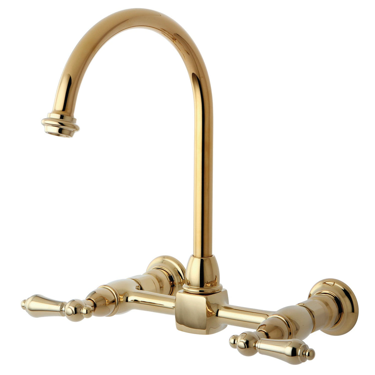 Restoration Double-Handle Wall-Mount Bridge Kitchen Faucet in Polished Brass