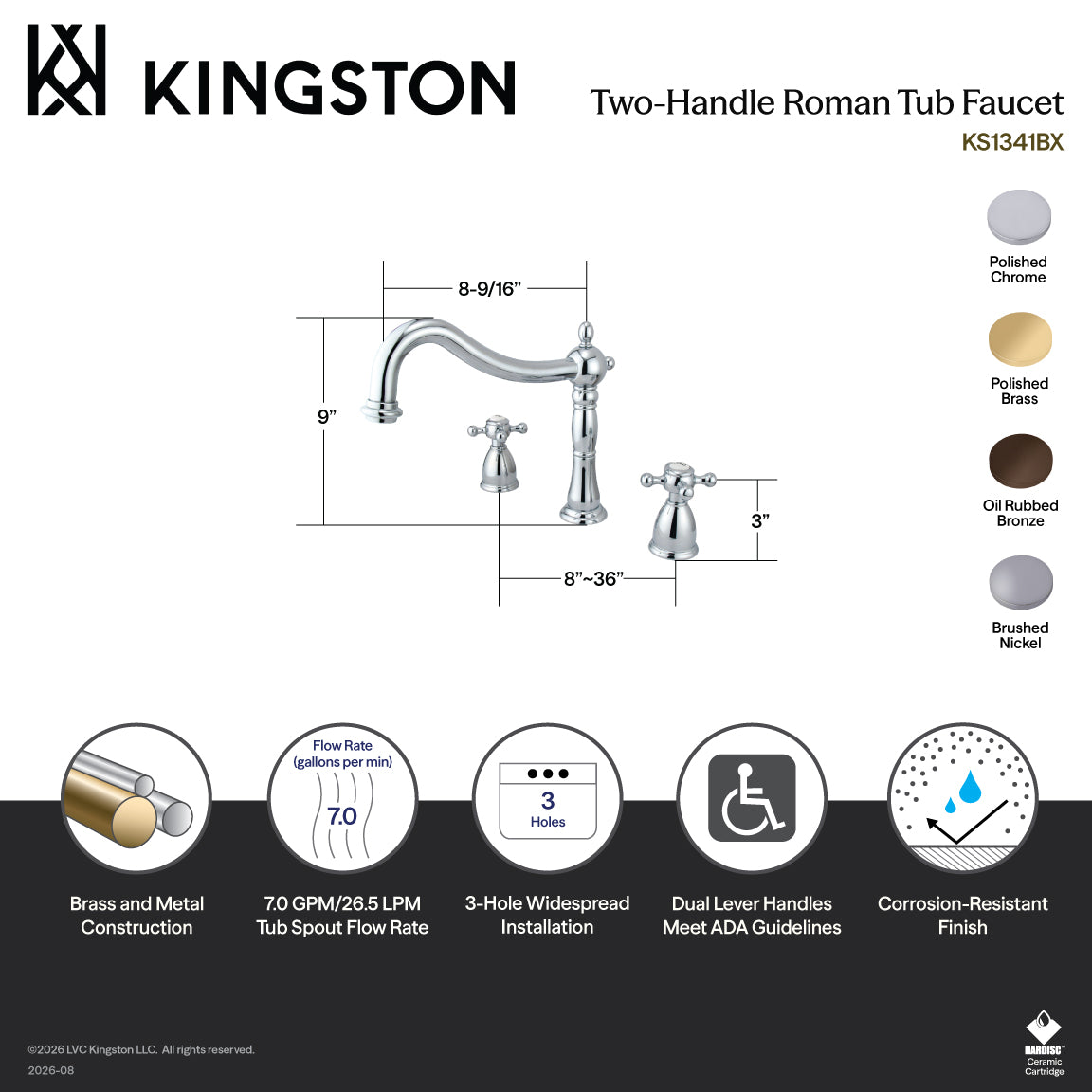 Metropolitan Two-Handle Deck Mount Roman Tub Faucet in Polished Brass