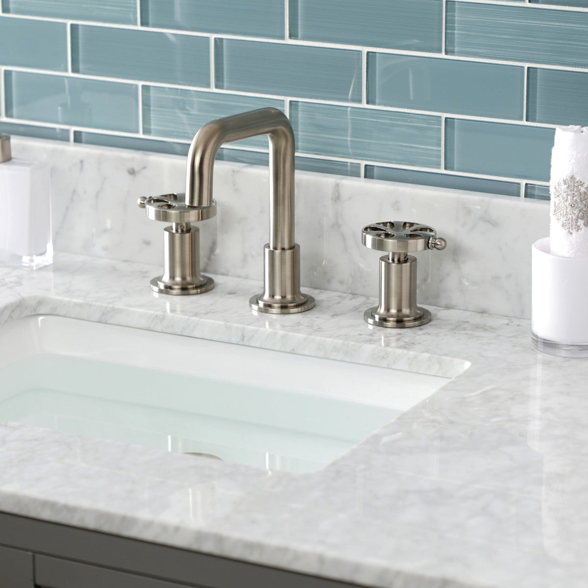 Belknap Widespread Bathroom Faucet with Push Pop-Up Drain in Brushed Nickel