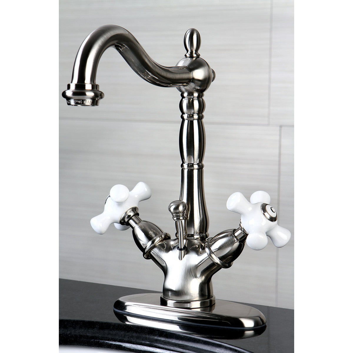 Heritage Double-Handle 4" Centerset Bathroom Faucet with Brass Pop-Up in Brushed Nickel