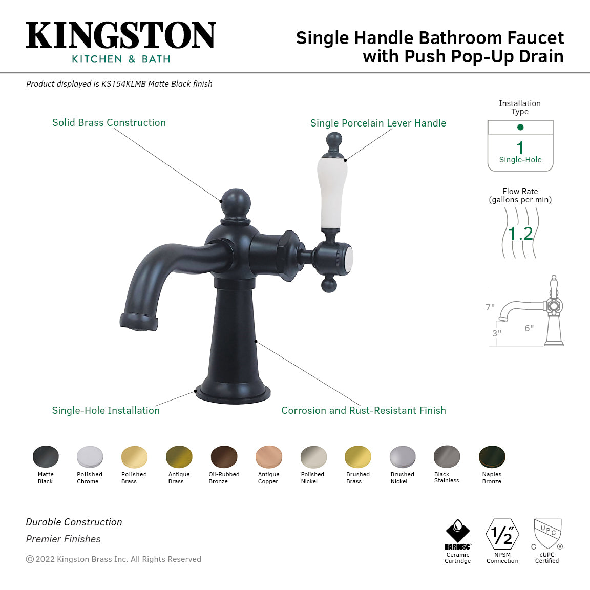 Nautical One-Handle Single-Hole Bathroom Faucet with Push Pop-Up Drain in Polished Brass