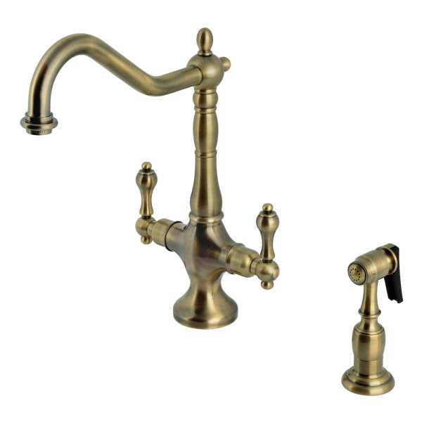 Heritage Two-Handle Single-Hole Kitchen Faucet with Brass Sprayer in Antique Brass